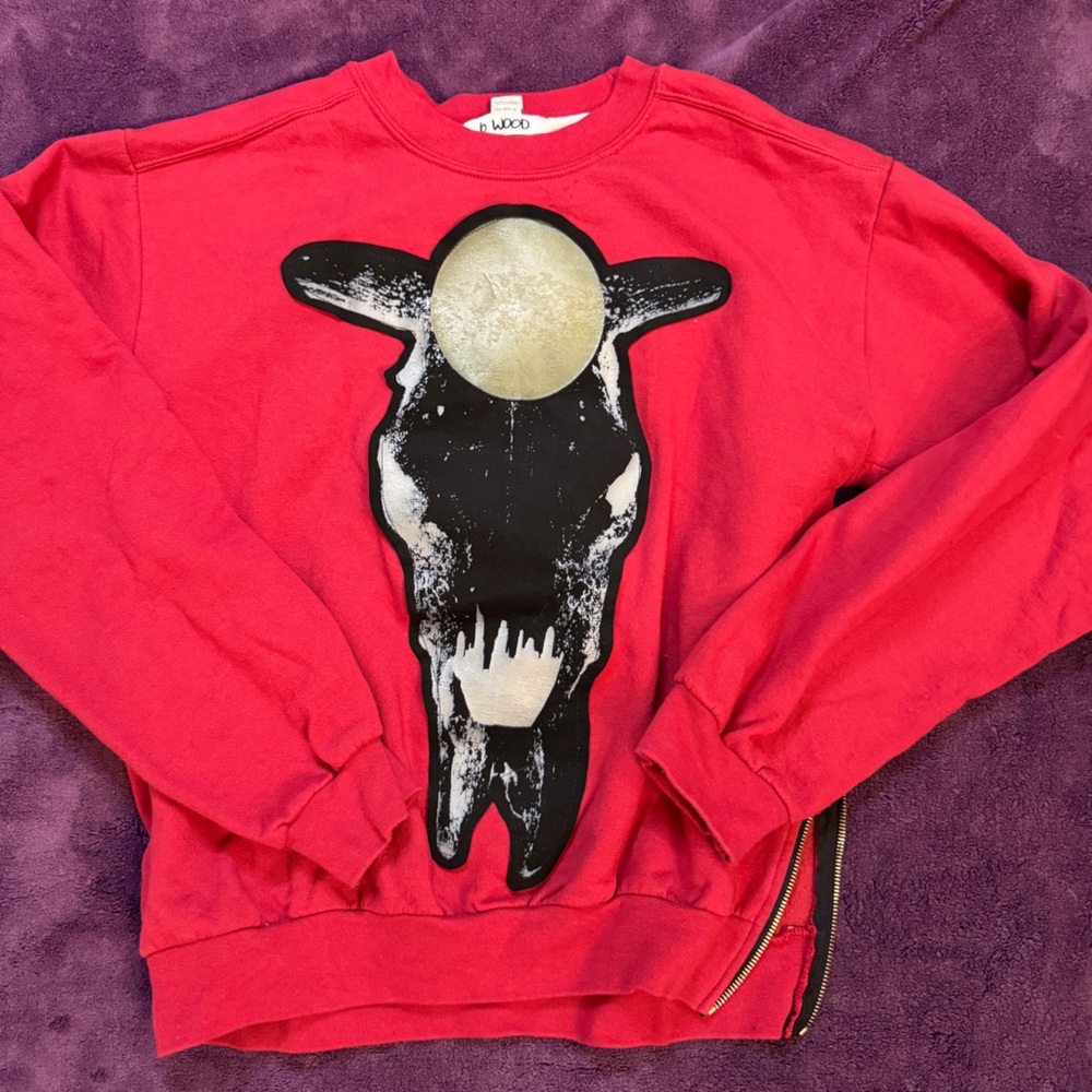 Bold Red Crewneck Sweater with Graphic Design